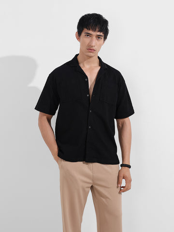Men's Black Relaxed Fit Geometric Resort Wear Shirt