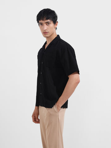 Men's Black Relaxed Fit Geometric Resort Wear Shirt