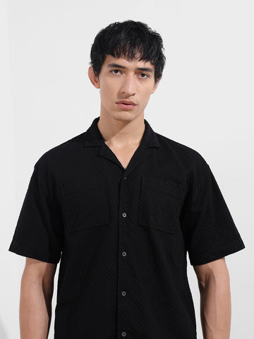 Men's Black Relaxed Fit Geometric Resort Wear Shirt