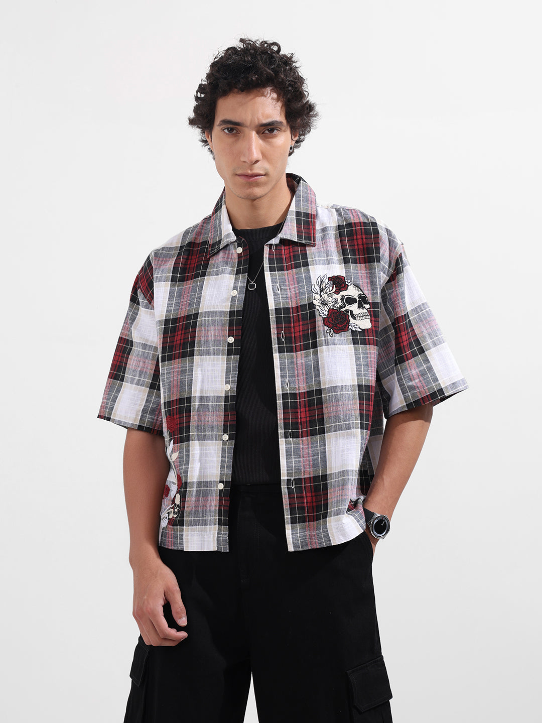 Men's Maroon Oversized Fit Embroidered Resort Wear Shirt