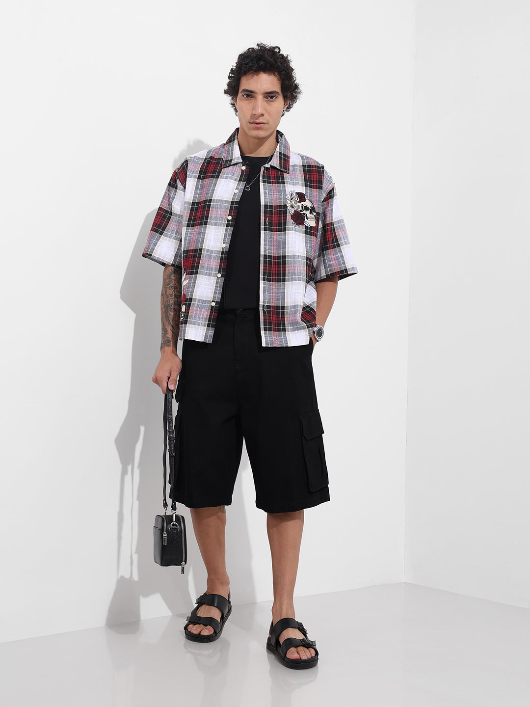 Men's Maroon Oversized Fit Embroidered Resort Wear Shirt