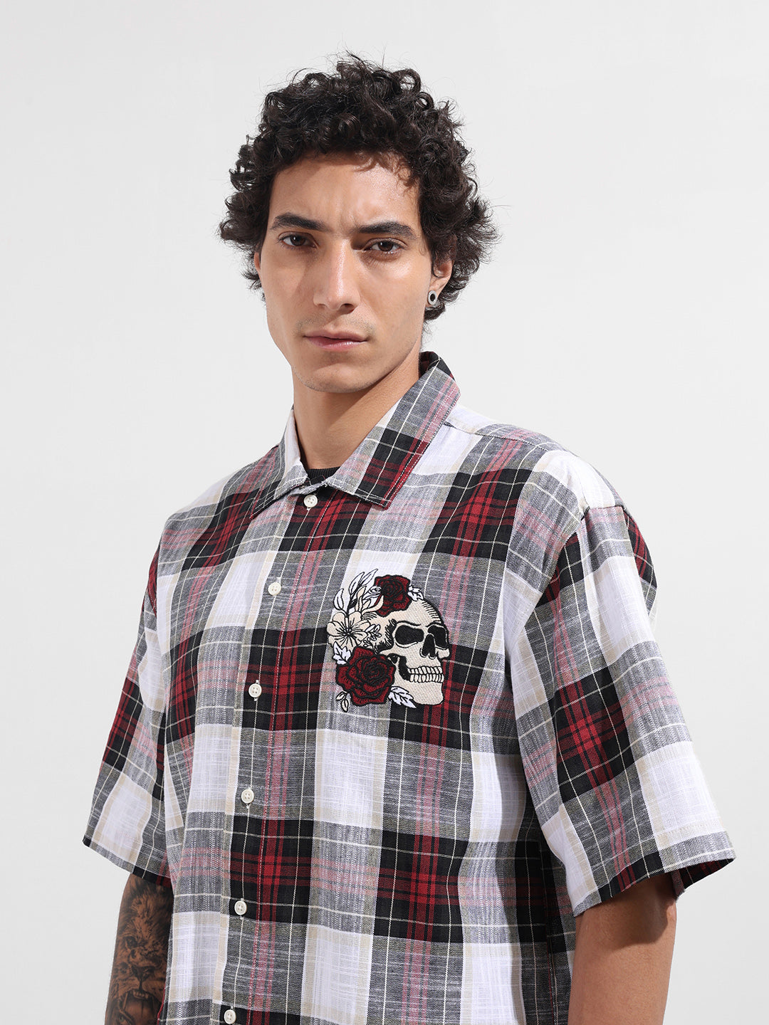 Men's Maroon Oversized Fit Embroidered Resort Wear Shirt