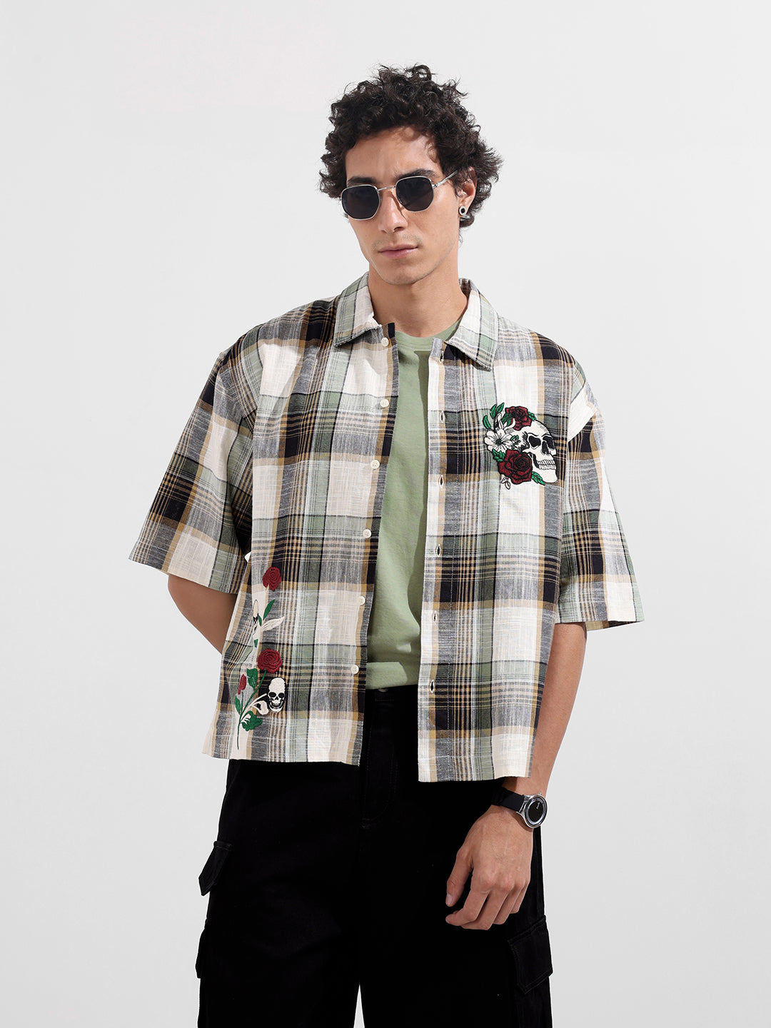Men's Green Oversized Fit Embroidered Resort Wear Shirt