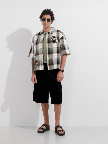 Men's Green Oversized Fit Embroidered Resort Wear Shirt