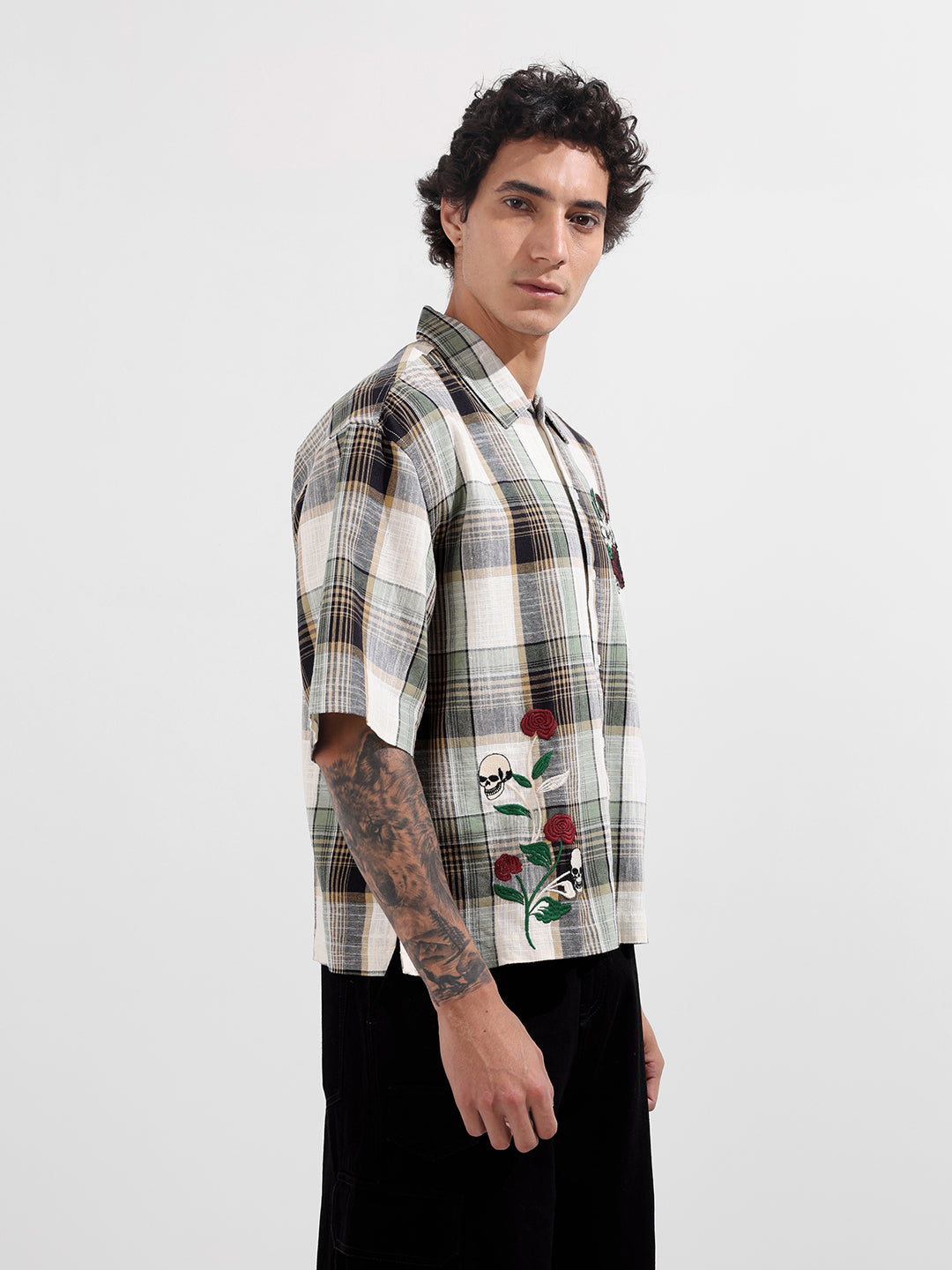 Men's Green Oversized Fit Embroidered Resort Wear Shirt