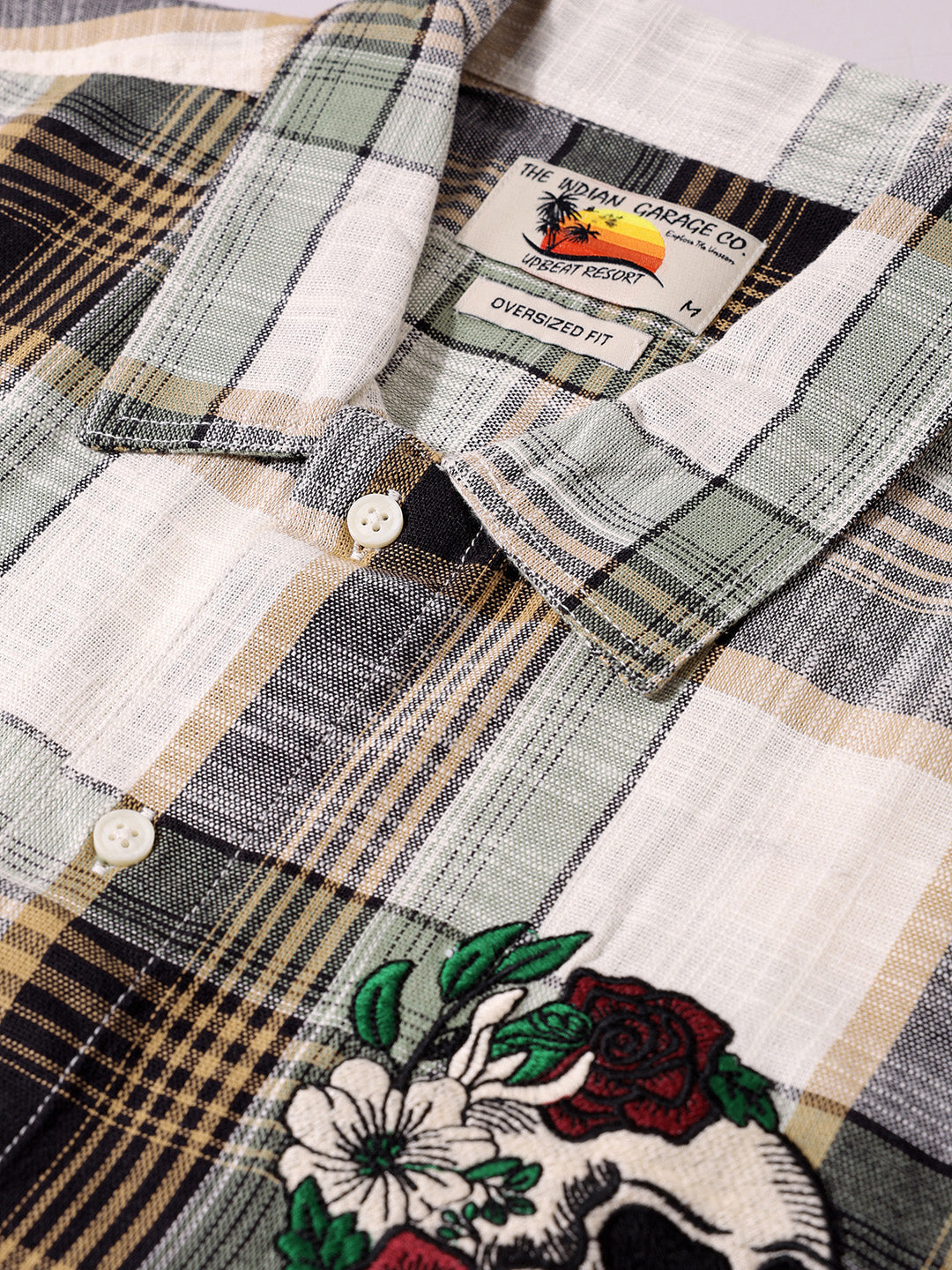 Men's Green Oversized Fit Embroidered Resort Wear Shirt