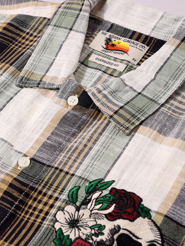 Men's Green Oversized Fit Embroidered Resort Wear Shirt