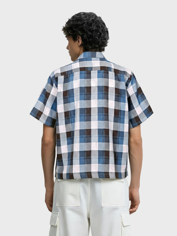 Men's Blue Oversized Fit Embroidered Resort Wear Shirt