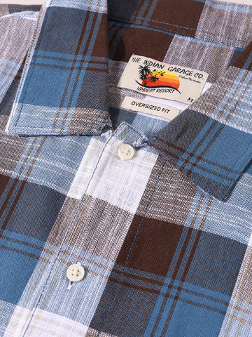 Men's Blue Oversized Fit Embroidered Resort Wear Shirt