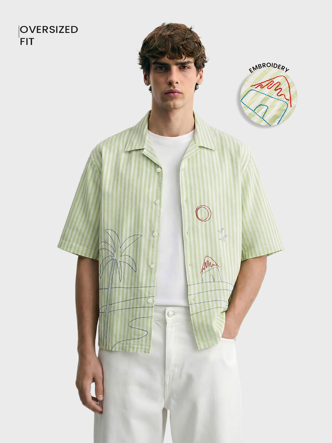 Men's Green Oversized Fit Embroidered Resort Wear Shirt