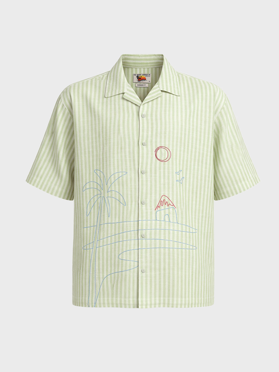 Men's Green Oversized Fit Embroidered Resort Wear Shirt