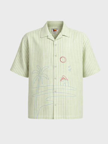 Men's Green Oversized Fit Embroidered Resort Wear Shirt