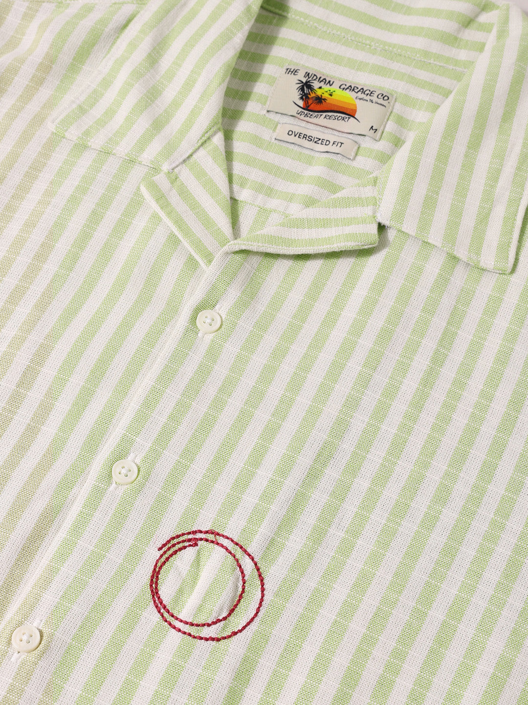 Men's Green Oversized Fit Embroidered Resort Wear Shirt