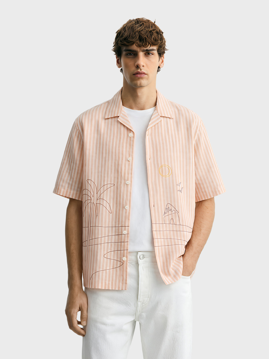 Men's Orange Oversized Fit Embroidered Resort Wear Shirt
