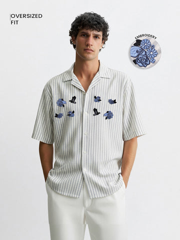 Men's Grey Oversized Fit Embroidered Resort Wear Shirt
