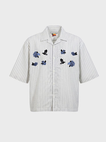 Men's Grey Oversized Fit Embroidered Resort Wear Shirt