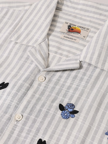 Men's Grey Oversized Fit Embroidered Resort Wear Shirt