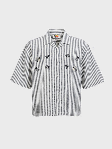 Men's Blue Oversized Fit Embroidered Resort Wear Shirt