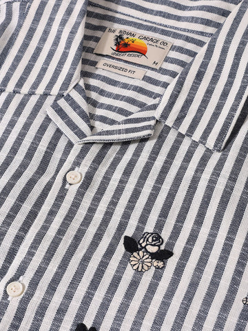 Men's Blue Oversized Fit Embroidered Resort Wear Shirt