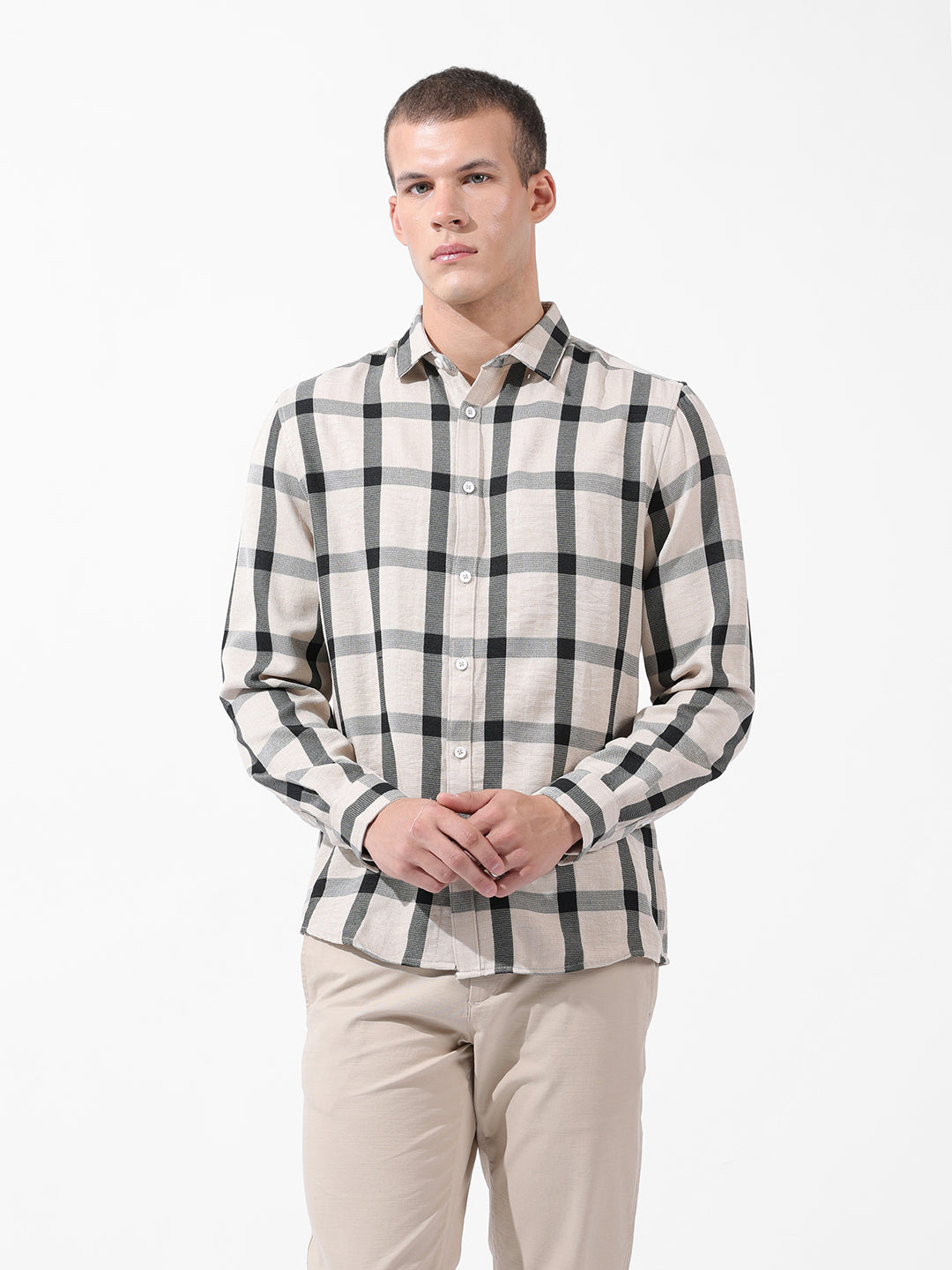 Men's Grey Regular Fit Checked Casual Shirt