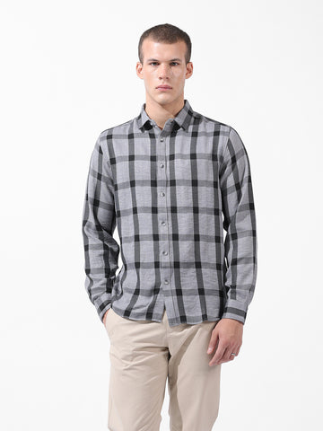 Men's Grey Regular Fit Checked Casual Shirt