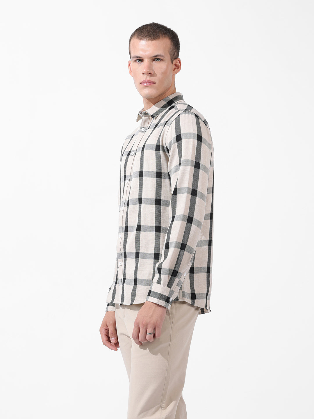 Men's Grey Regular Fit Checked Casual Shirt