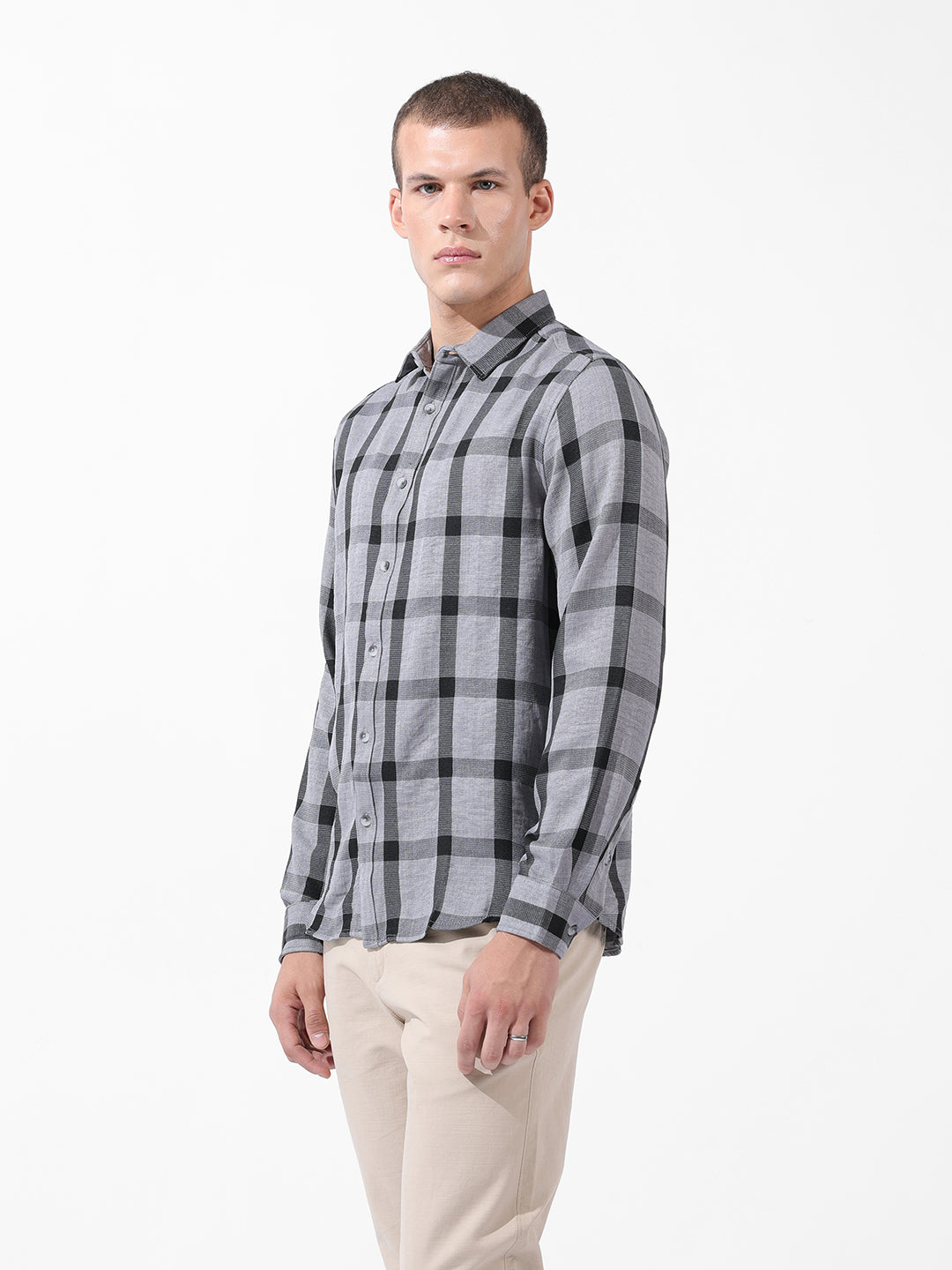 Men's Grey Regular Fit Checked Casual Shirt