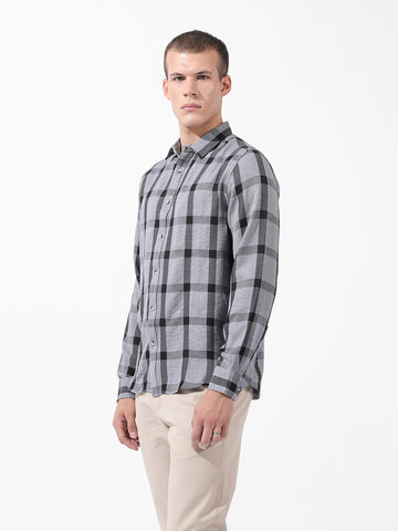 Men's Grey Regular Fit Checked Casual Shirt