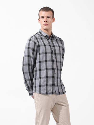 Men's Grey Regular Fit Checked Casual Shirt