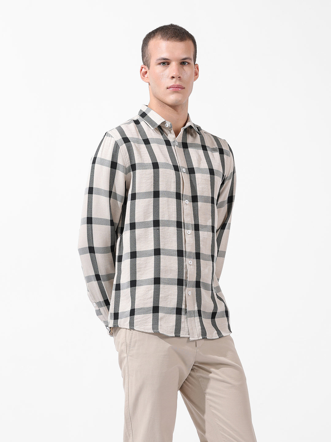 Men's Grey Regular Fit Checked Casual Shirt
