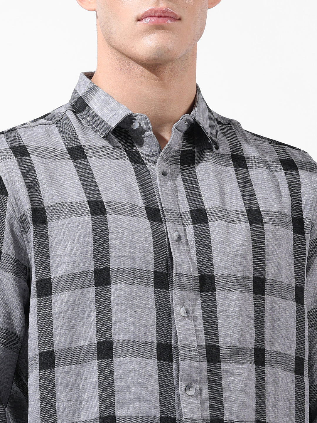 Men's Grey Regular Fit Checked Casual Shirt