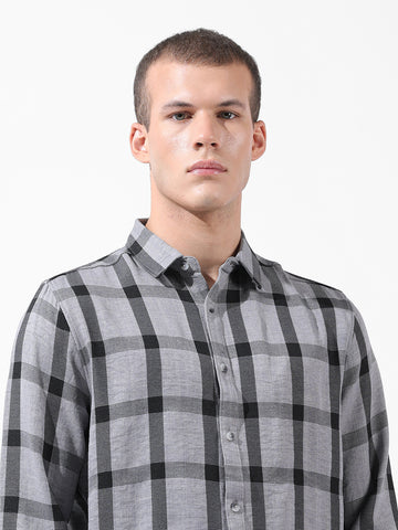 Men's Grey Regular Fit Checked Casual Shirt