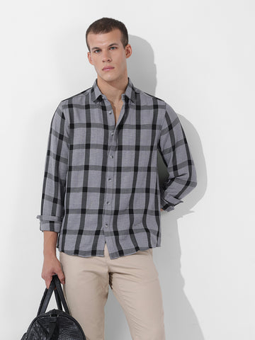 Men's Grey Regular Fit Checked Casual Shirt