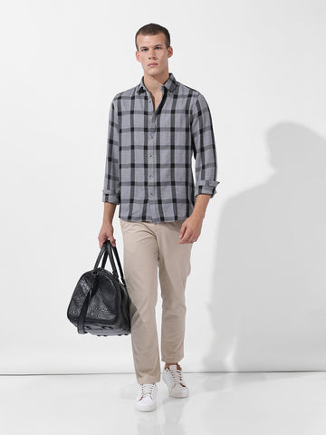 Men's Grey Regular Fit Checked Casual Shirt
