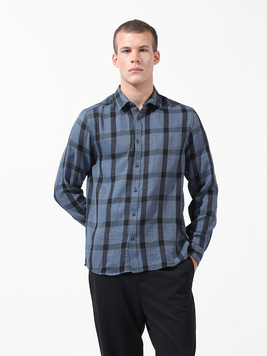 Men's Blue Regular Fit Checked Casual Shirt