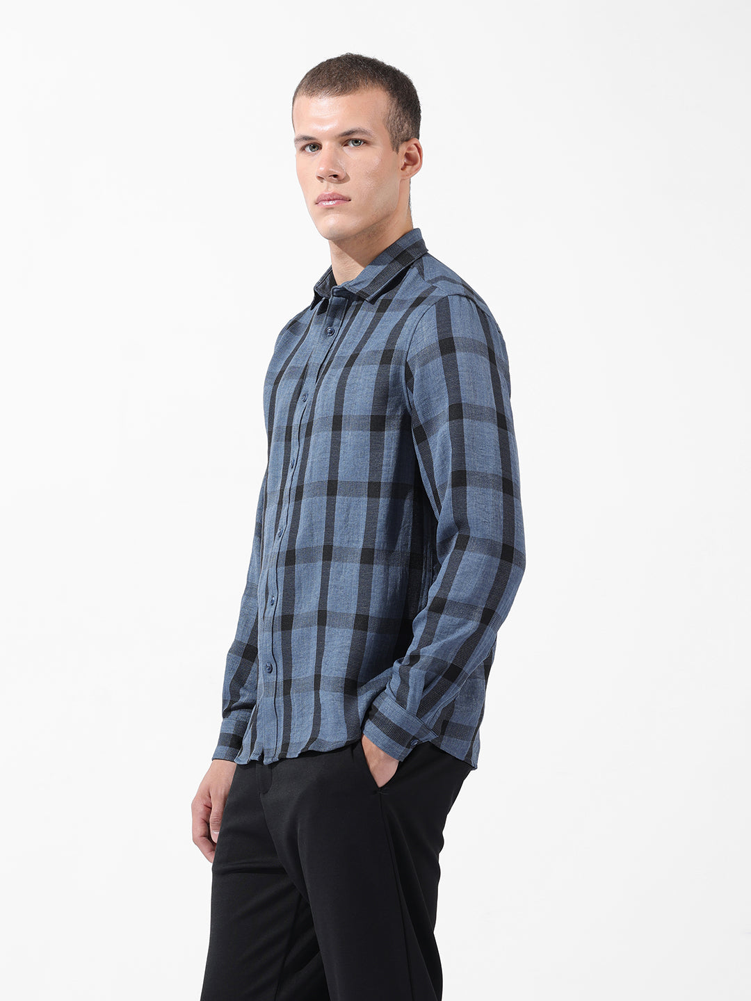 Men's Blue Regular Fit Checked Casual Shirt