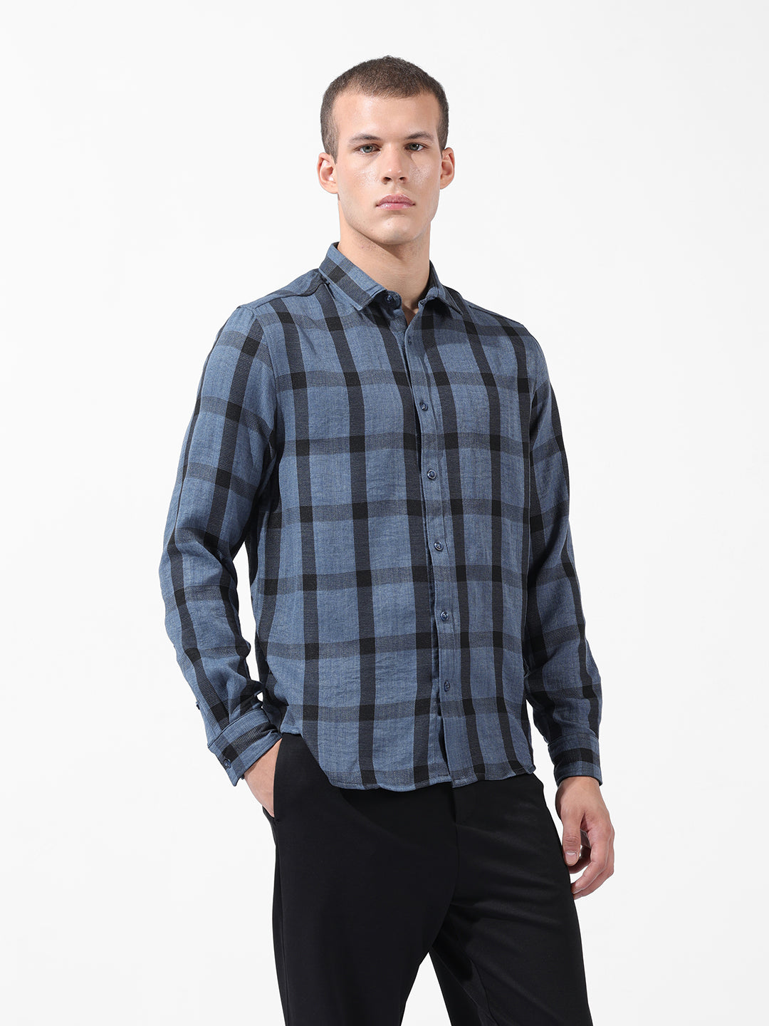 Men's Blue Regular Fit Checked Casual Shirt