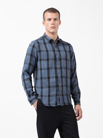 Men's Blue Regular Fit Checked Casual Shirt