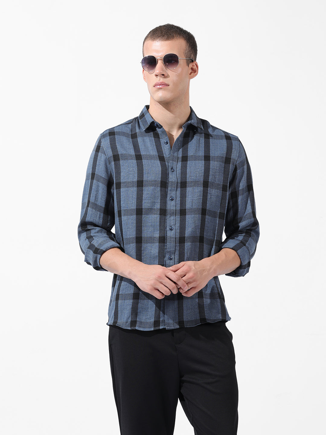 Men's Blue Regular Fit Checked Casual Shirt