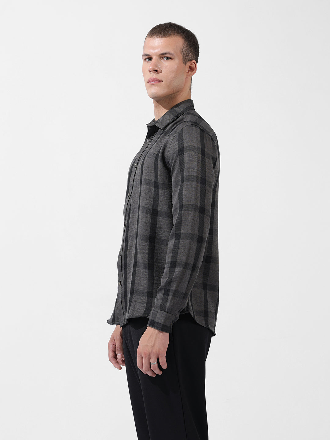 Men's Grey Regular Fit Checked Casual Shirt