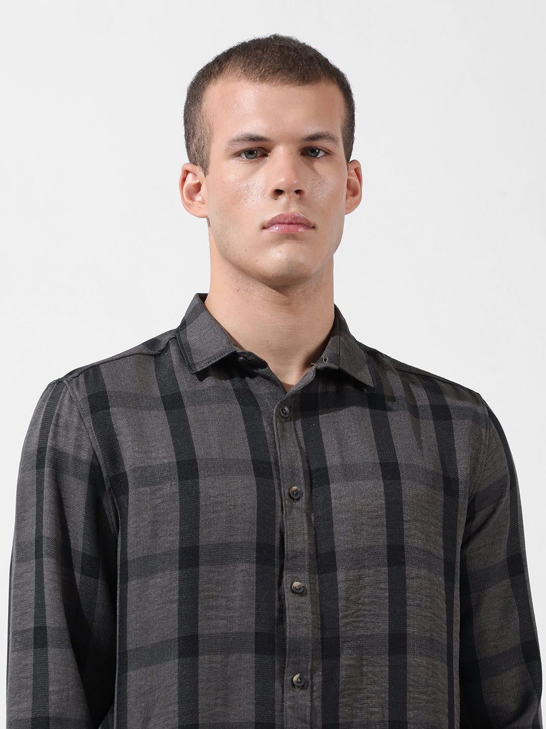 Men's Grey Regular Fit Checked Casual Shirt