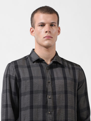 Men's Grey Regular Fit Checked Casual Shirt