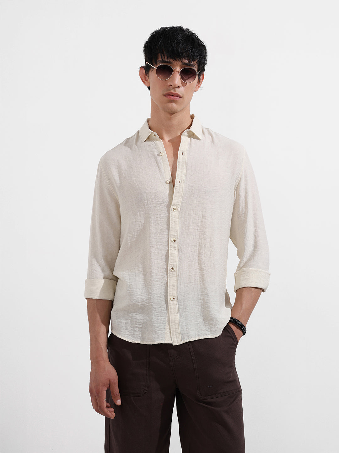 Men's Cream Regular Fit Casual Solid Shirt