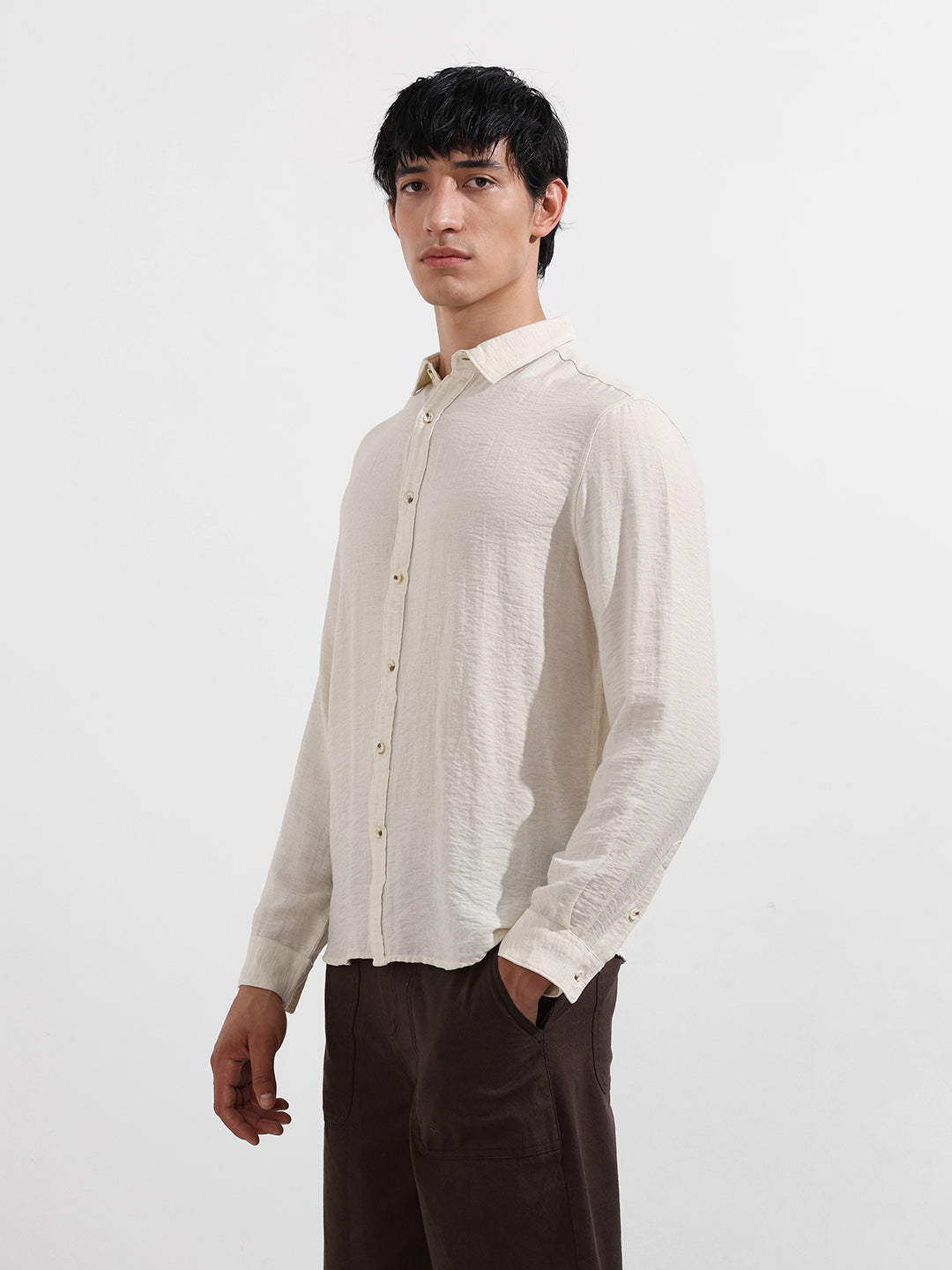 Men's Cream Regular Fit Casual Solid Shirt
