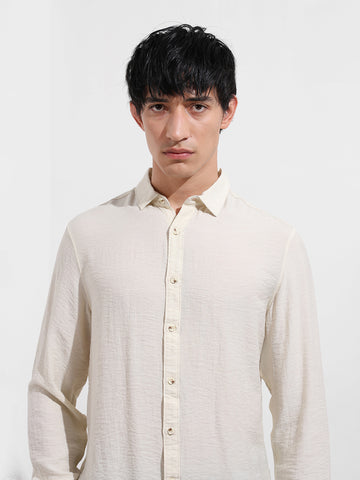 Men's Cream Regular Fit Casual Solid Shirt