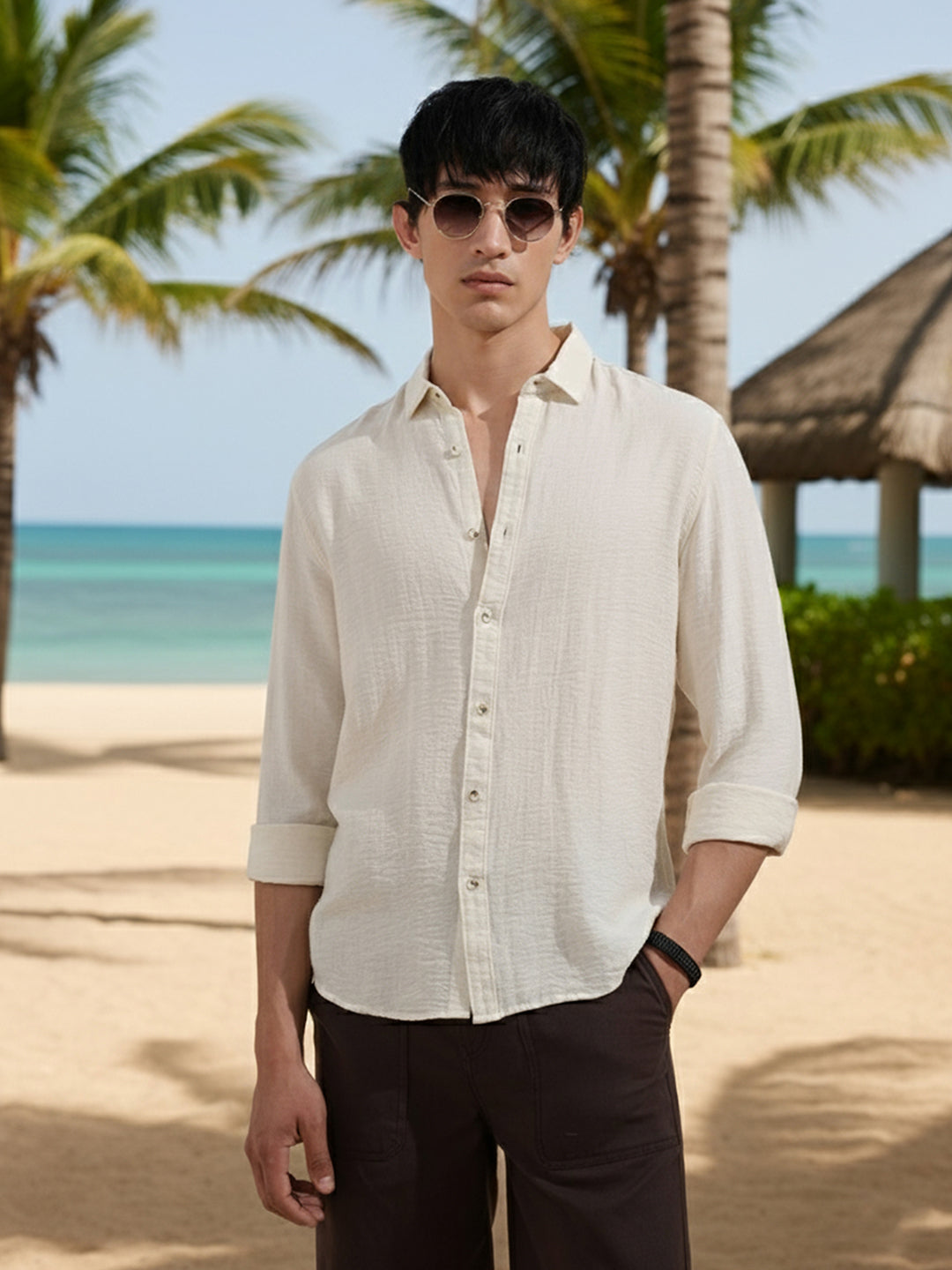 Men's Cream Regular Fit Casual Solid Shirt