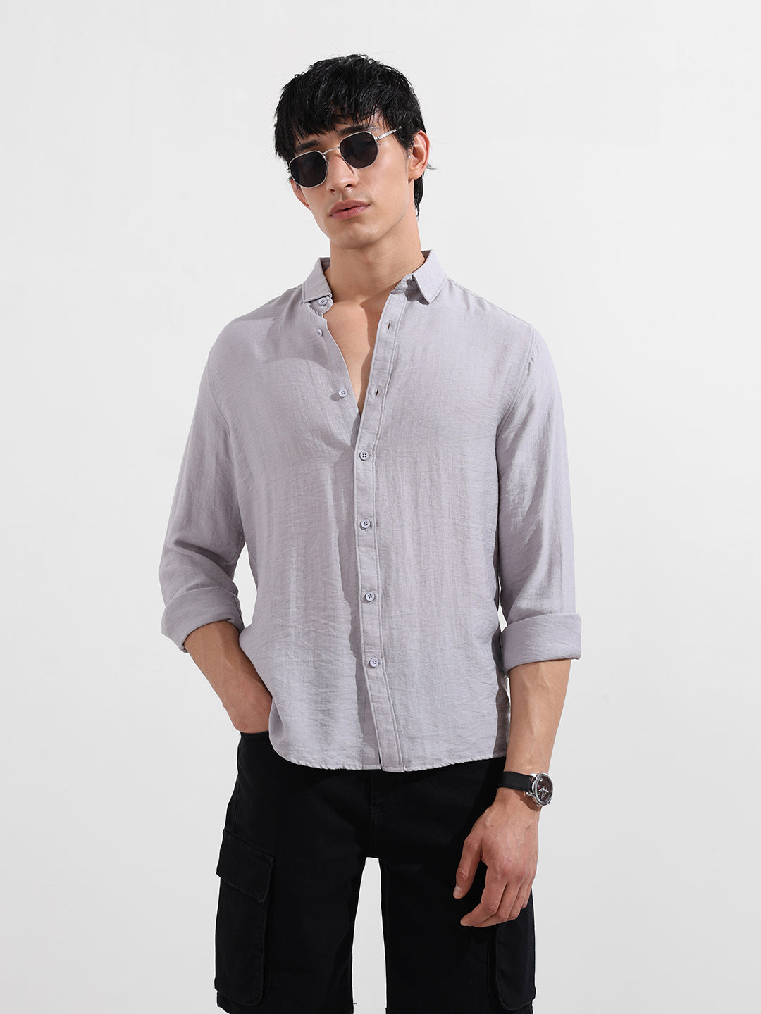 Men's Purple Regular Fit Casual Solid Shirt