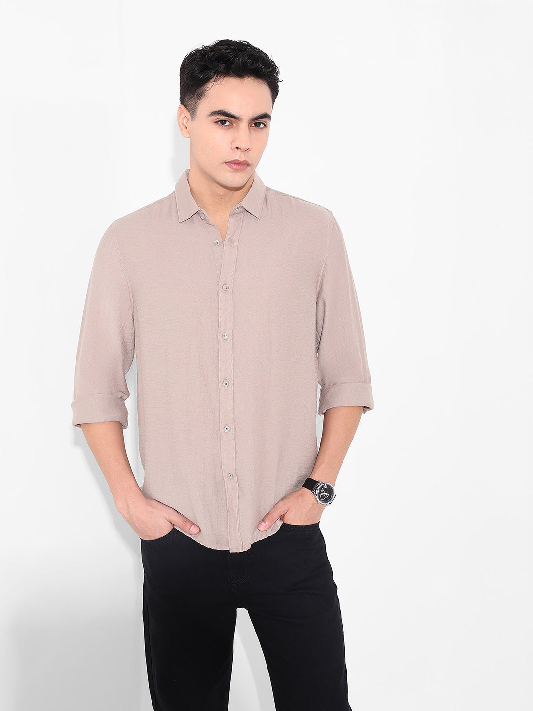 Men's Beige Regular Fit Casual Solid Shirt