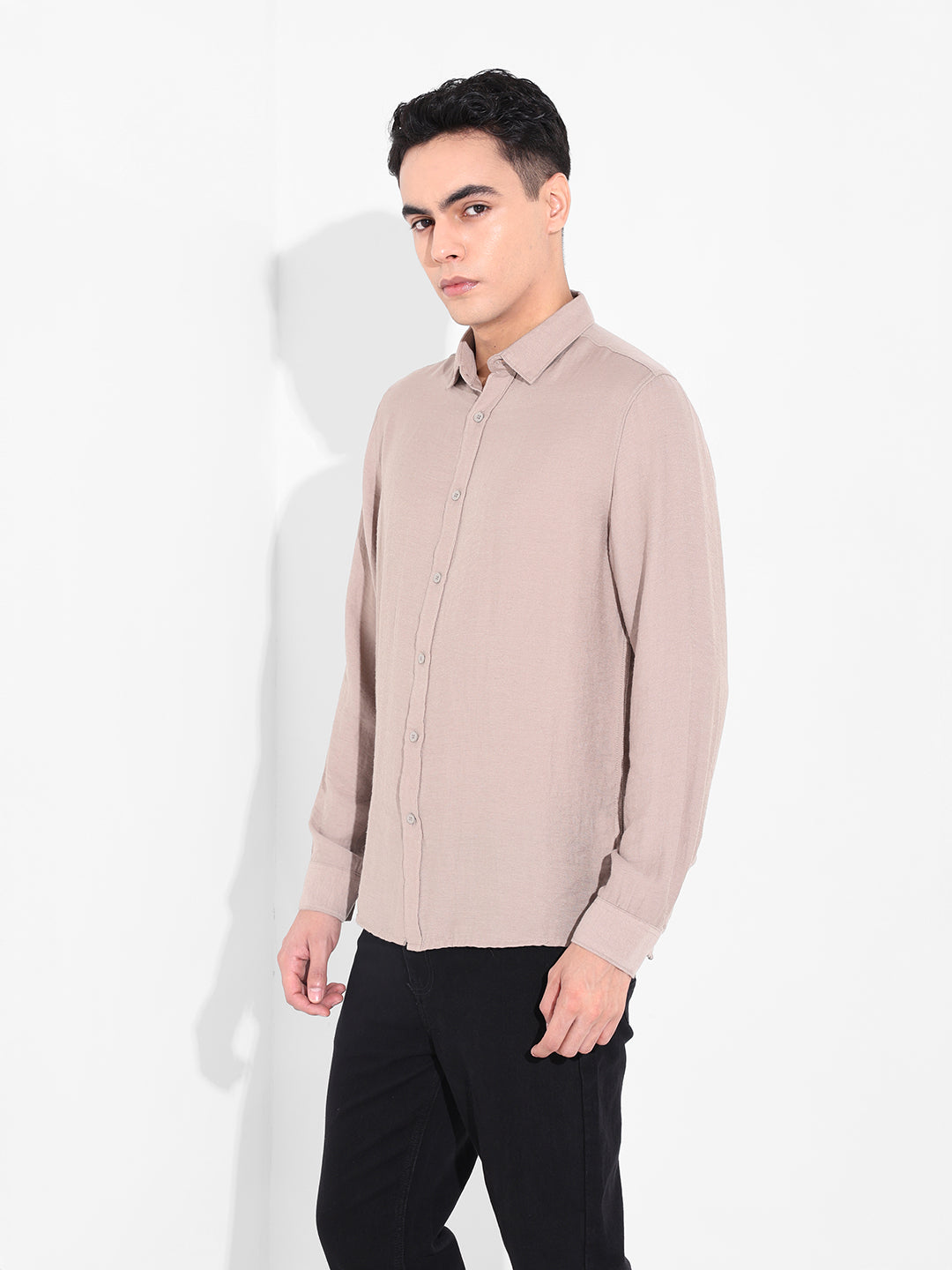 Men's Beige Regular Fit Casual Solid Shirt