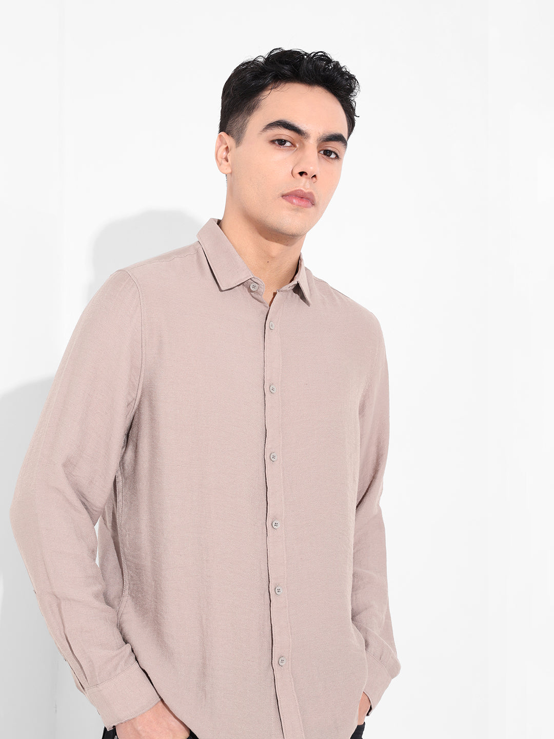 Men's Beige Regular Fit Casual Solid Shirt